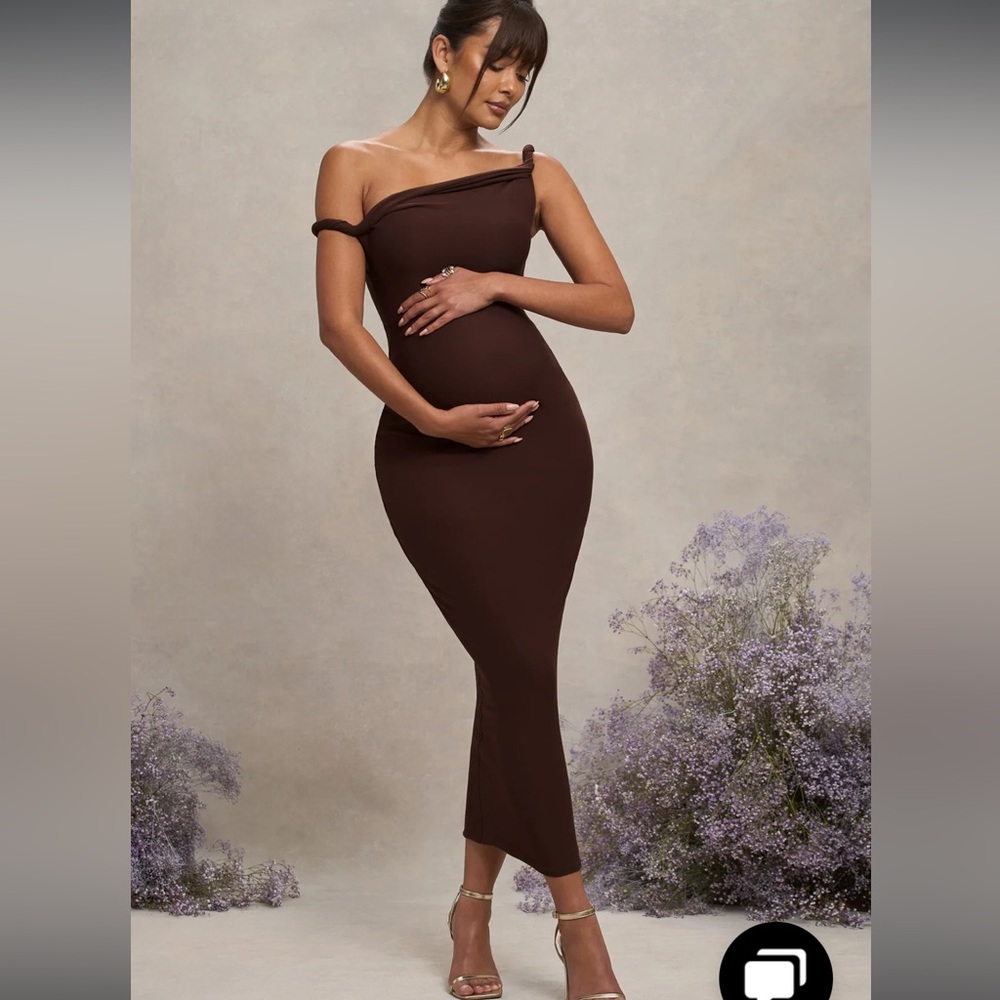 SALOME CLUB L LONDON CHOCOLATE BROWN TWISTED ASYMMETRIC MATERNITY MIDI DRESS